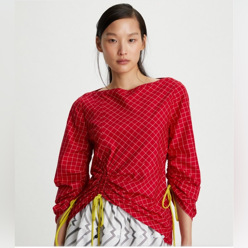 Tory Burch Red Grid Drawstring Blouse with Yellow Accents